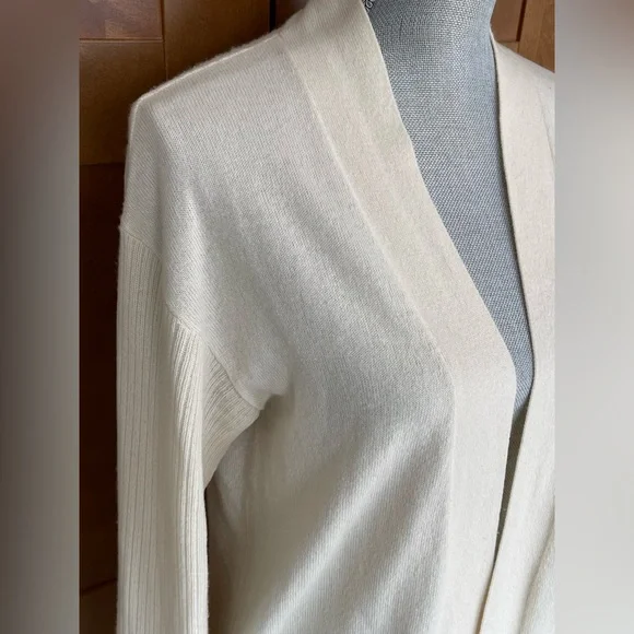 THEORY 100% Cashmere Cream Open Front Ribbed Sleeve Women's Sweater, Small - Picture 3 of 13